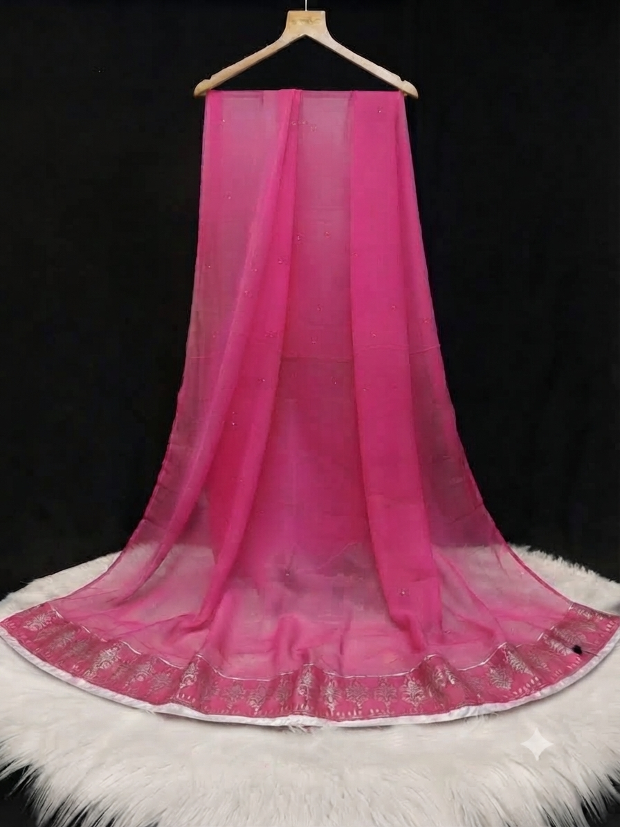 Vibrant Rani Pink Chiffon Dupatta with Delicate Stone Work