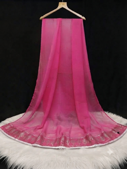 Vibrant Rani Pink Chiffon Dupatta with Delicate Stone Work