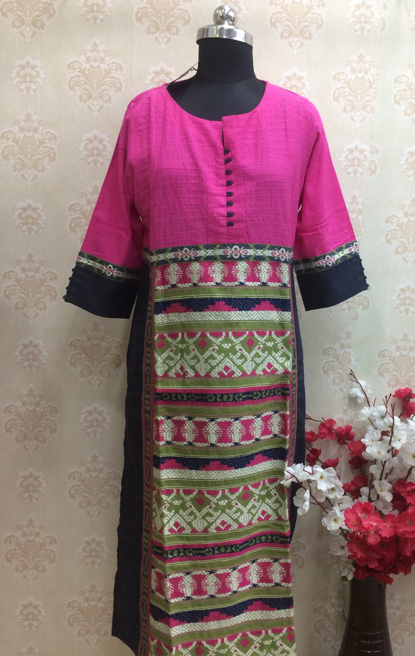 Handloom Style Cotton Kurti Ikat Inspired Print - Pink & Navy Blue