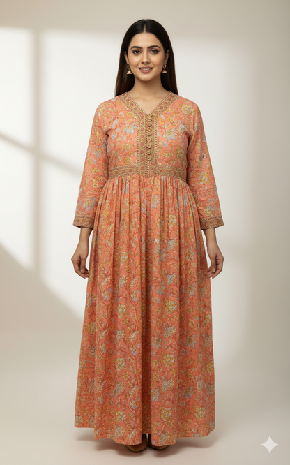 Jaipuri Printed Cotton Anarkali Kurti with Brown Buttons