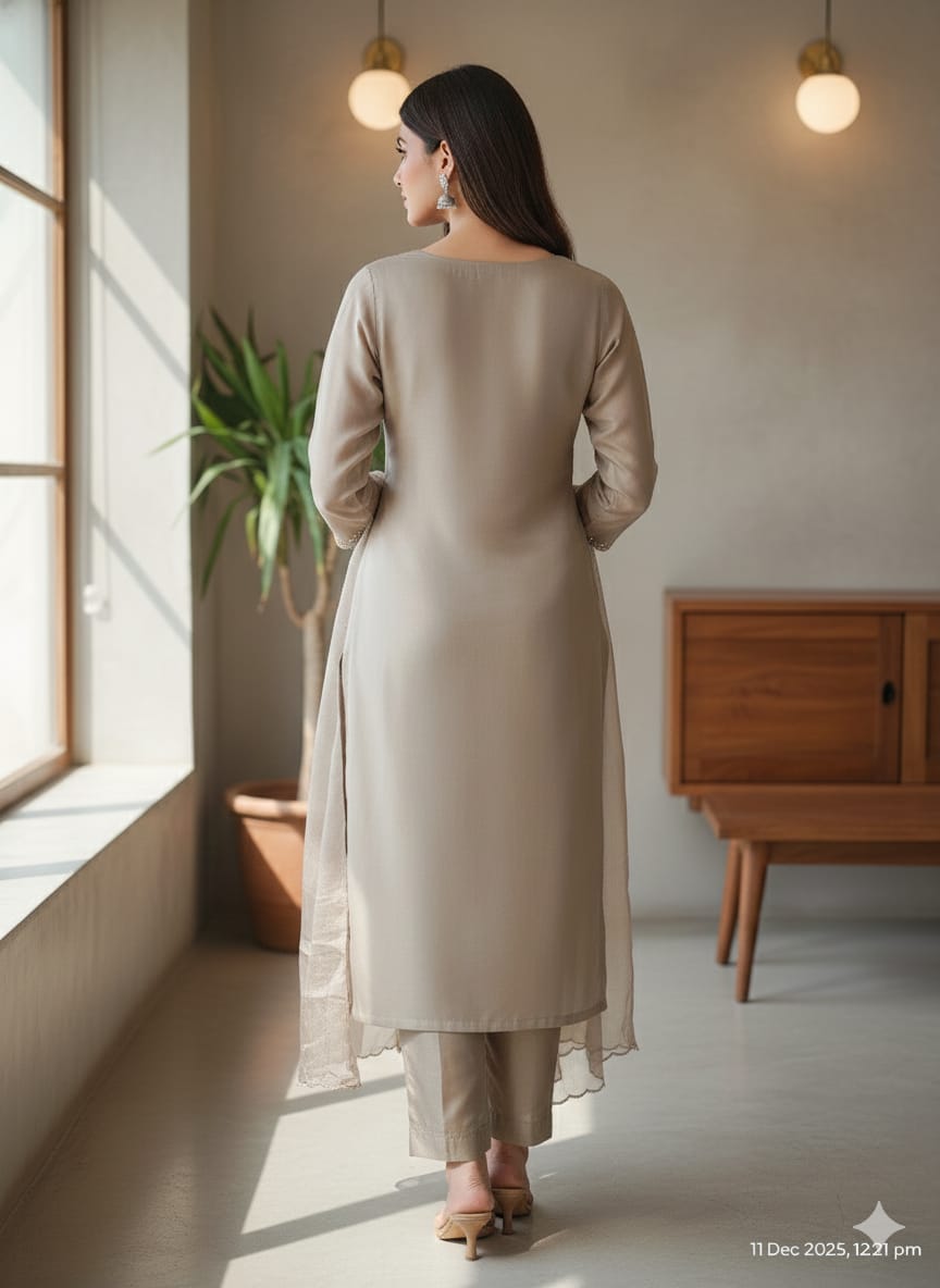 Elegant Beige Sequin & Zari Work Kurta Set with Organza Dupatta