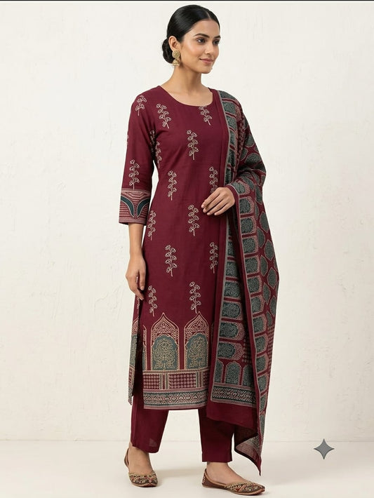 Aamena Maroon Floral Motif Kurta Set