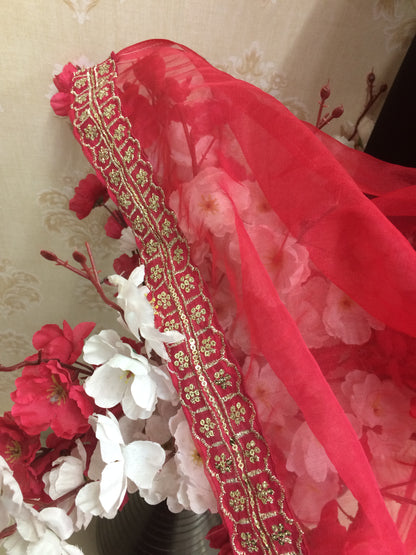 Red Organza Dupatta with Zari Border
