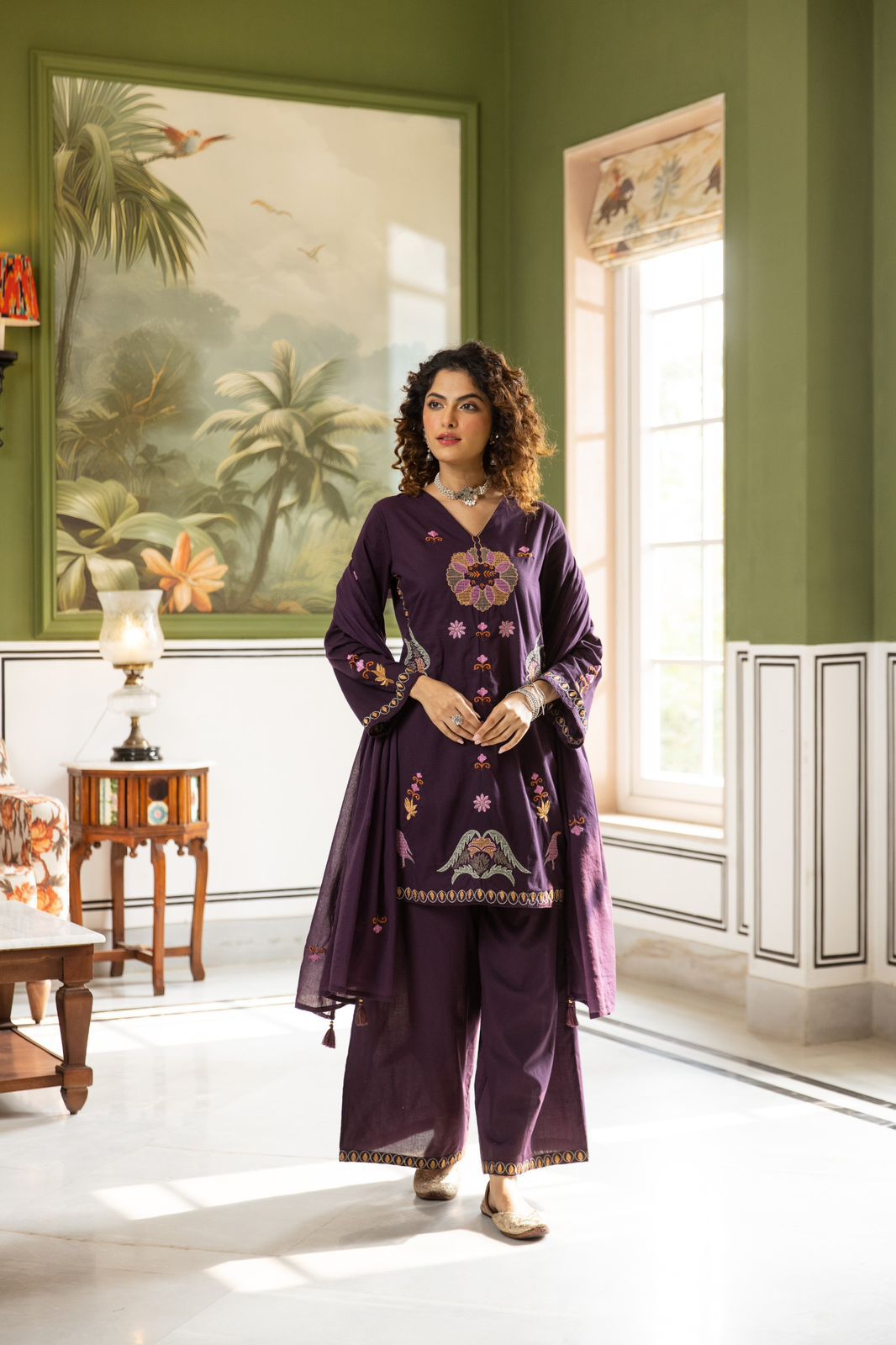 💜 Enchanting Plum Embroidered Cotton Suit Set