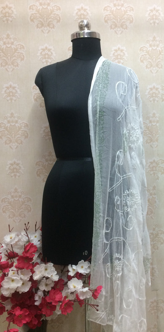 Elegant White Threadwork Dupatta with Mint Green Contrast Border