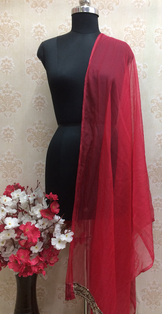 Luxurious Maroon/Dark Red Chiffon Dupatta with Fine Border