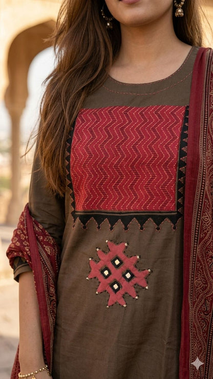 Parisha Olive Brown Cotton Kurta Set with Ajrakh Print