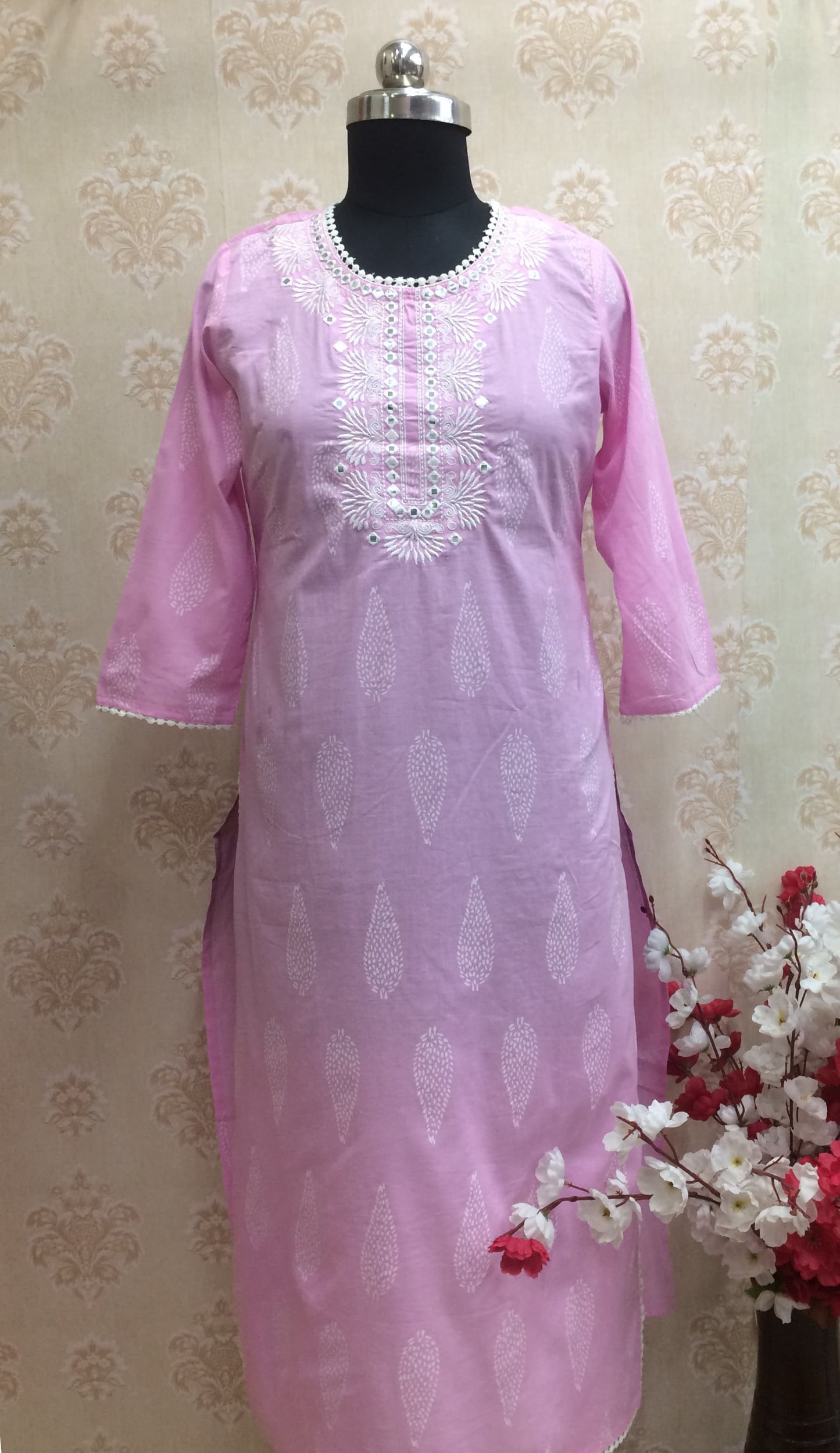 Charming Pink Cotton Kurti with White Mirror Work