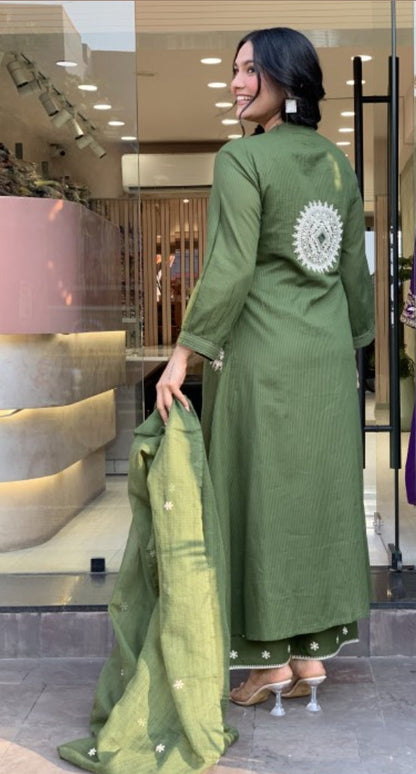Kulsum Green Embroidered A-Line Kurta Set