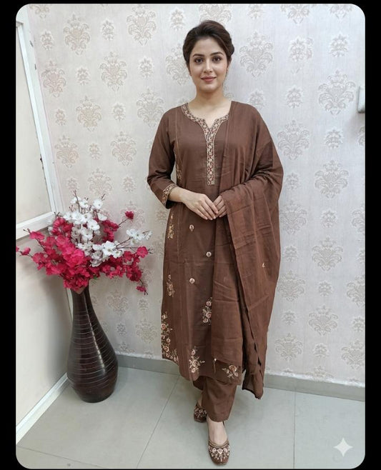 Brown Embroidered Kurta Set with Dupatta