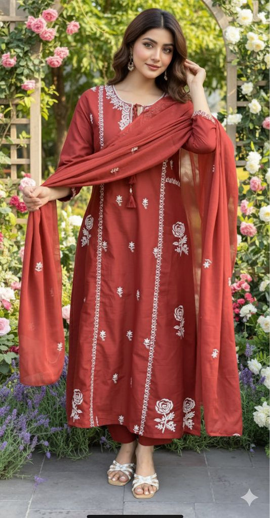Maroon Cotton Embroidered Kurta Set with Dupatta