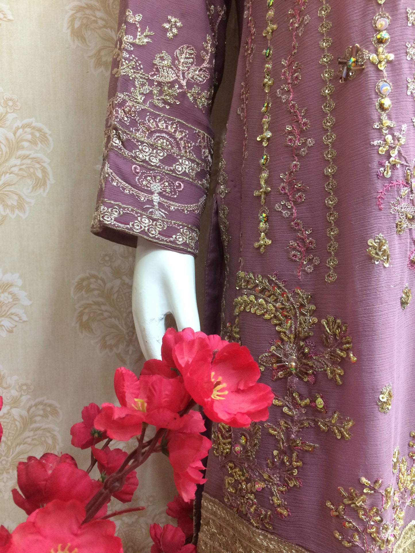 Luxury Plum Purple Heavily Embroidered Chiffon Salwar Kameez Suit with Sequin Work - Ready to Wear Designer Party Dress