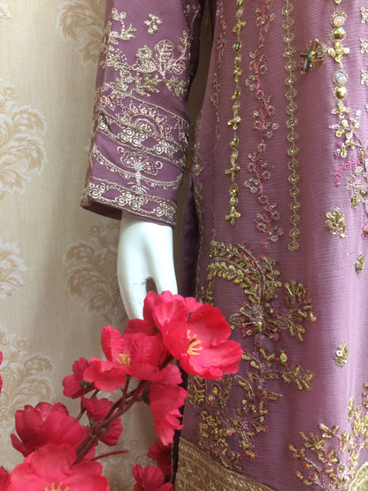 Luxury Plum Purple Heavily Embroidered Chiffon Salwar Kameez Suit with Sequin Work - Ready to Wear Designer Party Dress