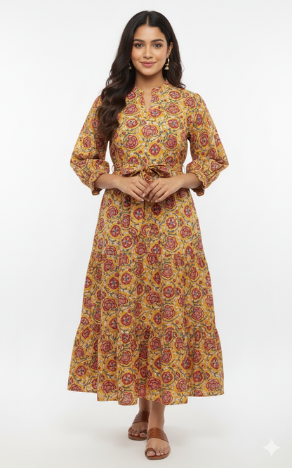 Mustard Floral Printed Cotton Tiered Kurti