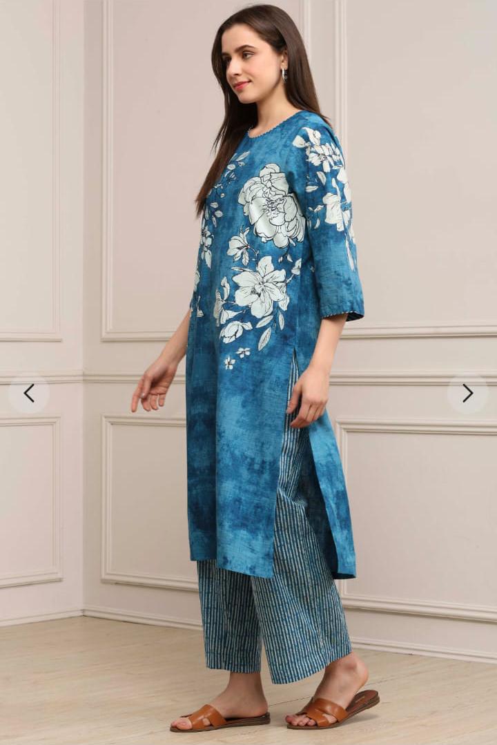 Inayat Blue Floral Printed Kurta with Striped Trousers