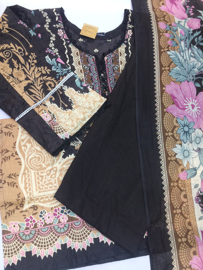 Elegant Black & Beige Floral Pakistani Stitched Cotton Suit