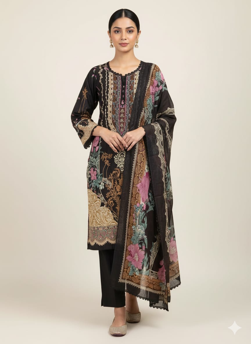 Elegant Black & Beige Floral Pakistani Stitched Cotton Suit