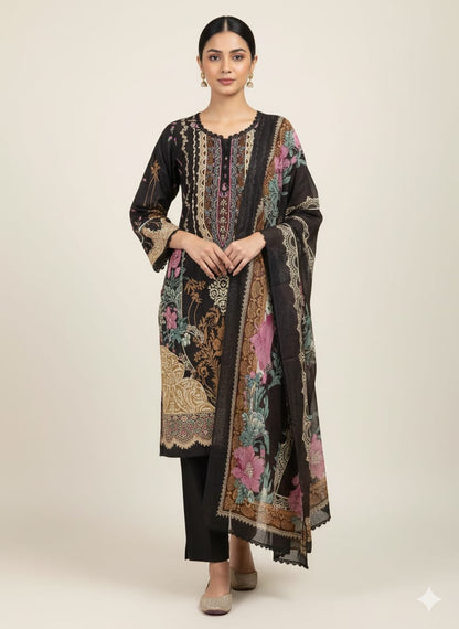 Elegant Black & Beige Floral Pakistani Stitched Cotton Suit