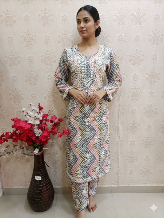 Halo Mora Elegant Multi-Color Zig-Zag Print Lucknowi kurta set