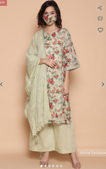 BIBA Elegant Floral Printed Cotton-Silk Kurta Set with Dupatta
