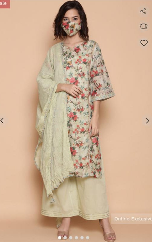 BIBA Elegant Floral Printed Cotton-Silk Kurta Set with Dupatta
