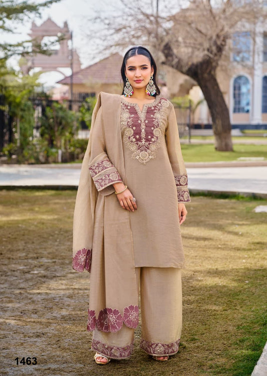 Elegant Taupe & Mauve Embroidered Palazzo Set