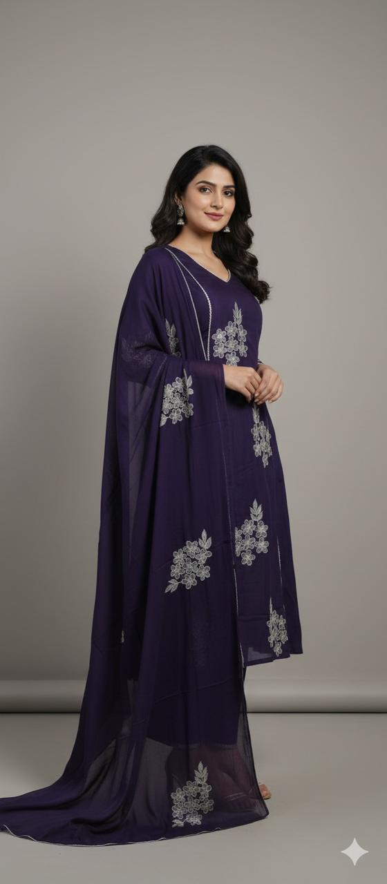 Regal Deep Purple Embroidered Cotton Salwar Suit Set with Dupatta