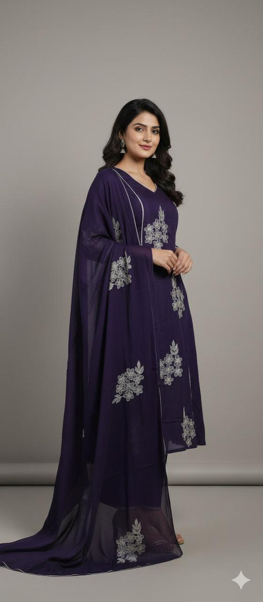 Regal Deep Purple Embroidered Cotton Salwar Suit Set with Dupatta