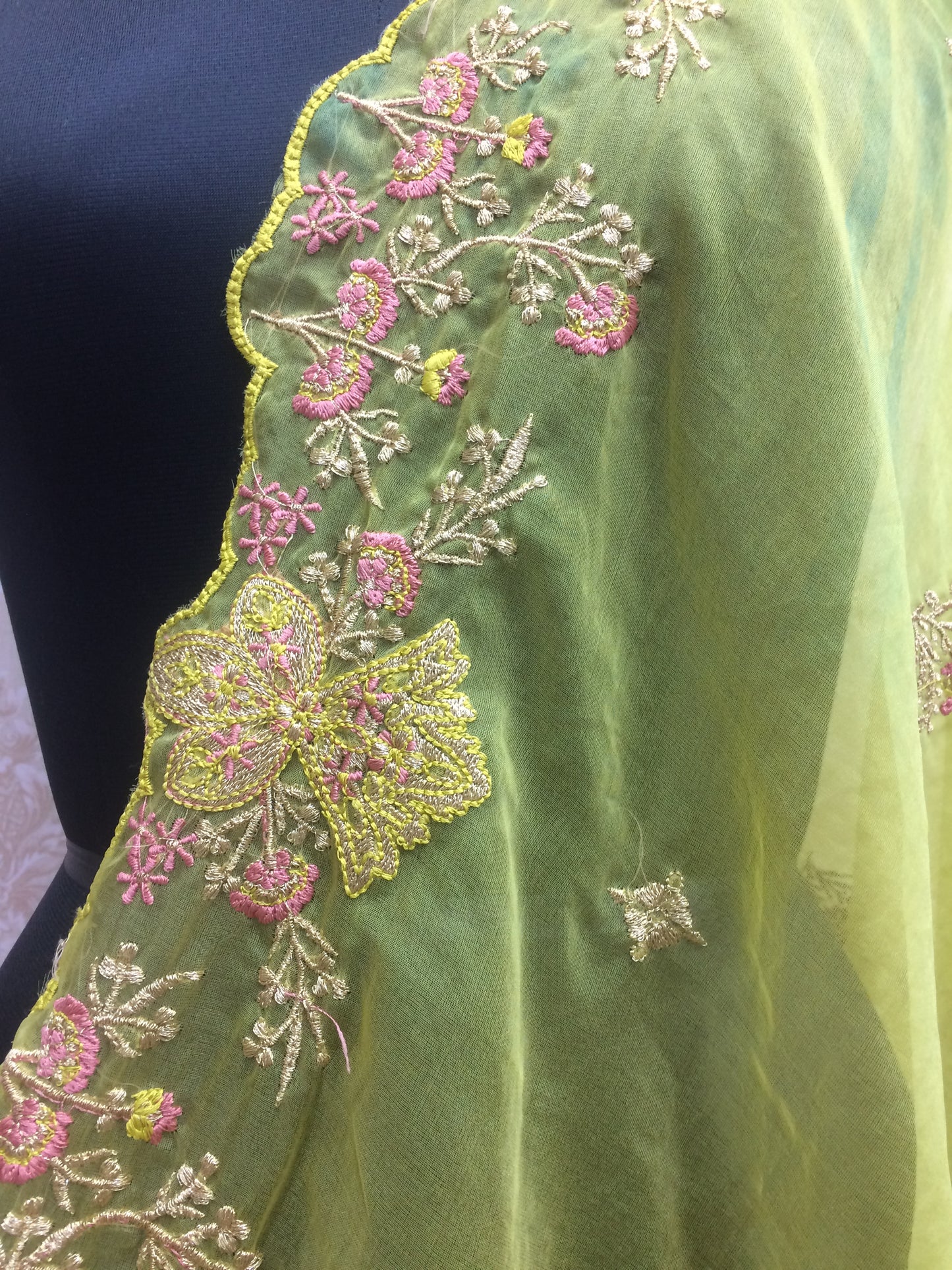 Net Lime Yellow Embroidered Dupatta with Pink and Gold Work