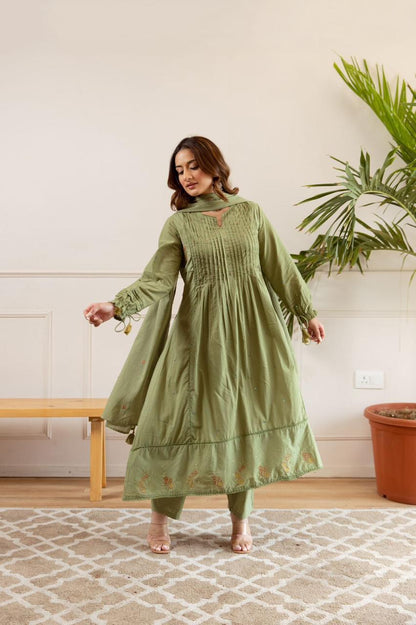 Olive Green Embroidered Cotton Anarkali Suit Set with Dupatta