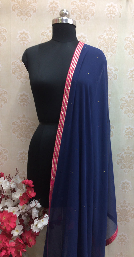 Navy Blue Chiffon Dupatta with Contrast Red and Gold Border
