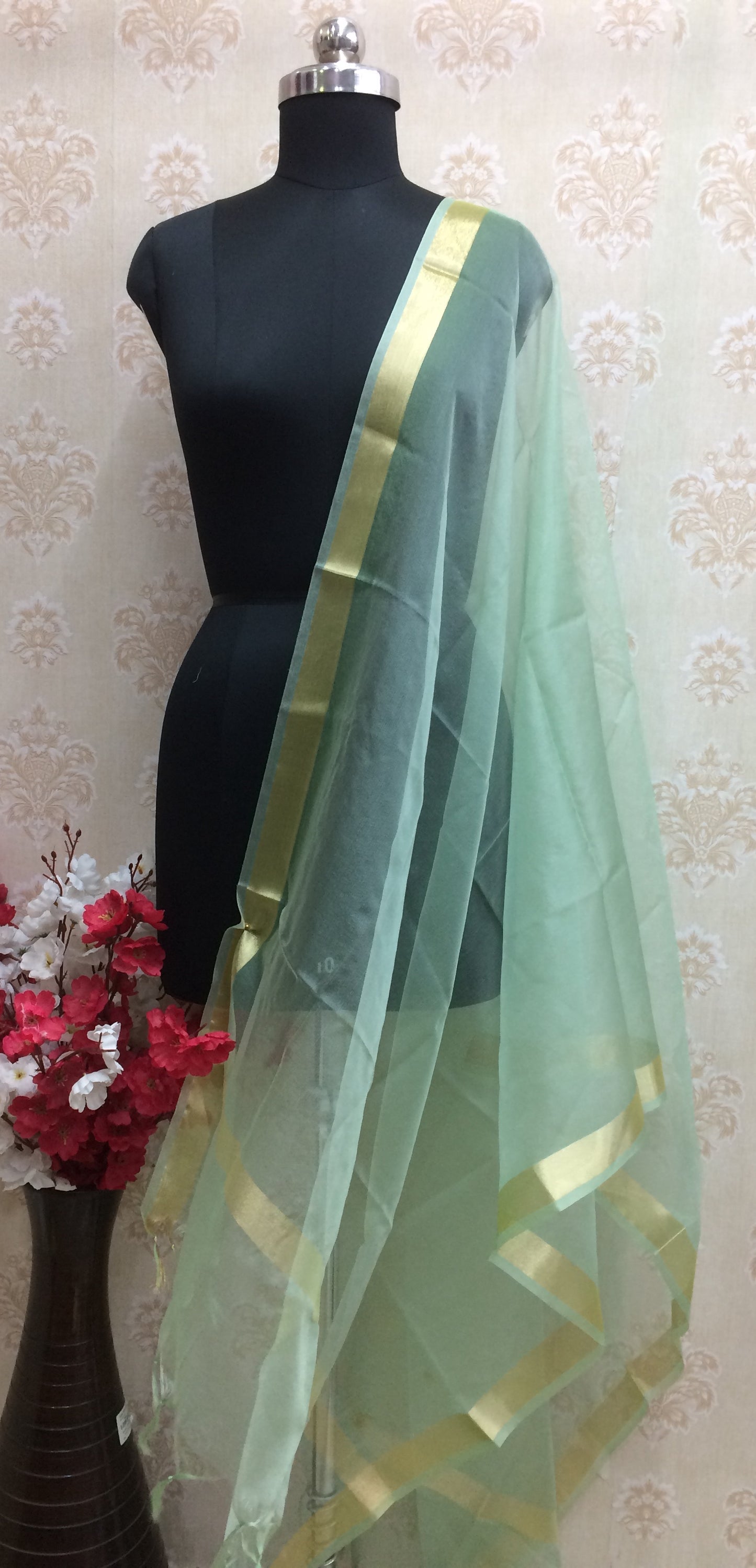 Organza light green dupatta with golden border