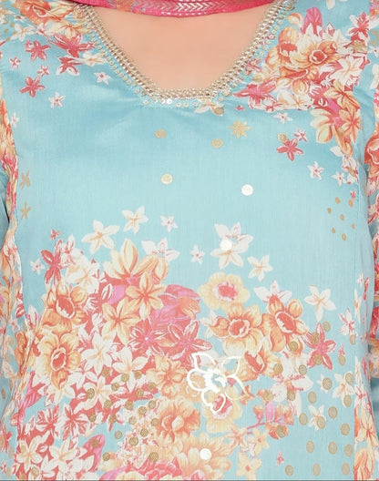 Sky Blue Floral Printed A-Line Kurta Set with Trousers