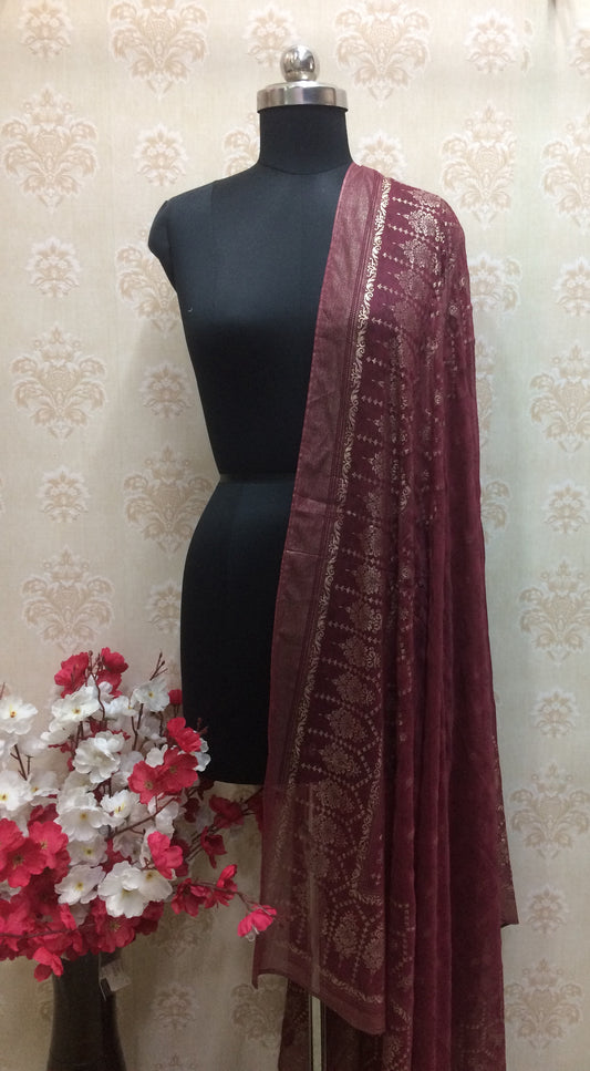 Regal Maroon Chiffon Dupatta with All-Over Gold Weave