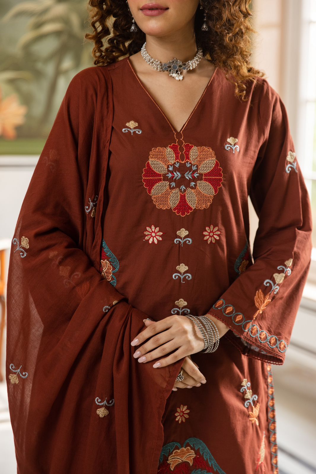 Rich Burnt Sienna Embroidered Cotton Suit Set
