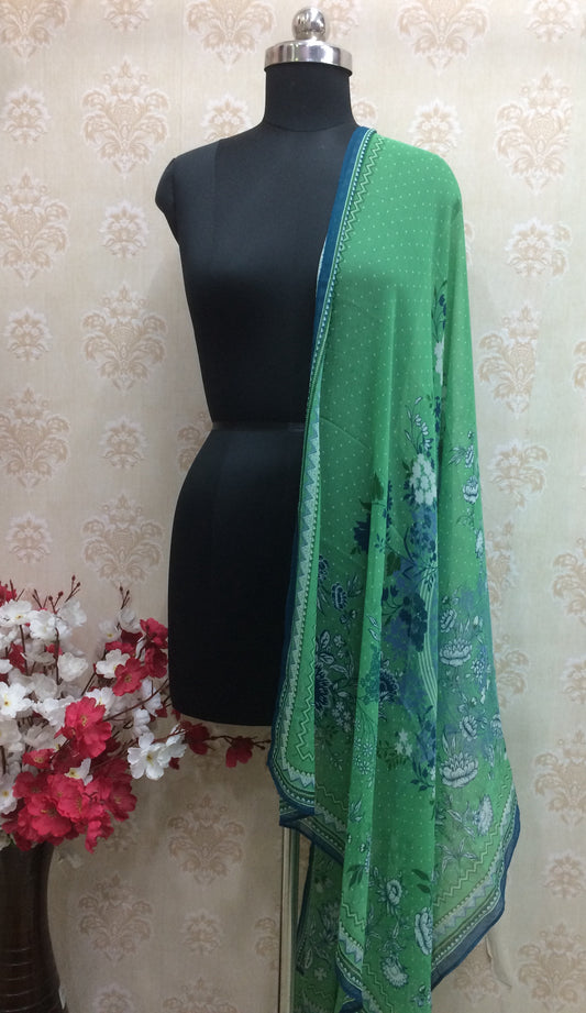 Vibrant Green Chiffon Dupatta with Blue Floral Print