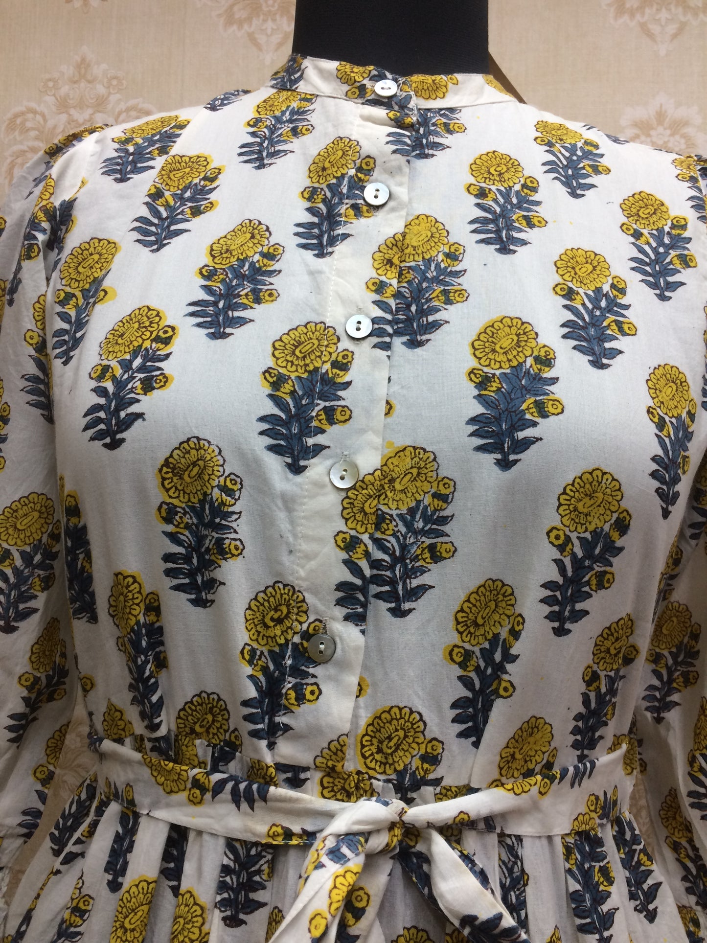 White Cotton Kurti with Yellow & Blue Floral Print
