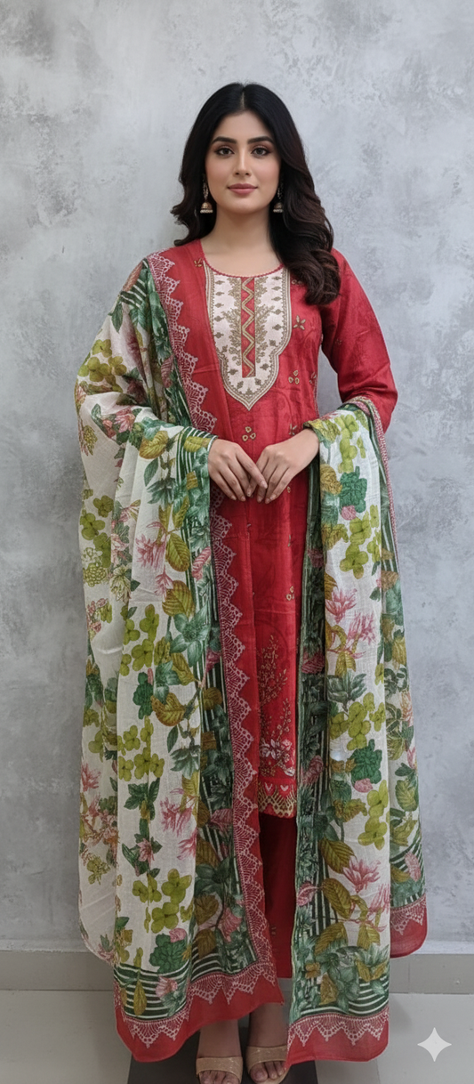 Pakistani dress red with printed bottom