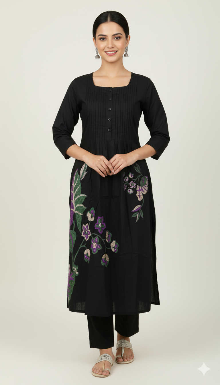 Black Floral Print Kurta Set