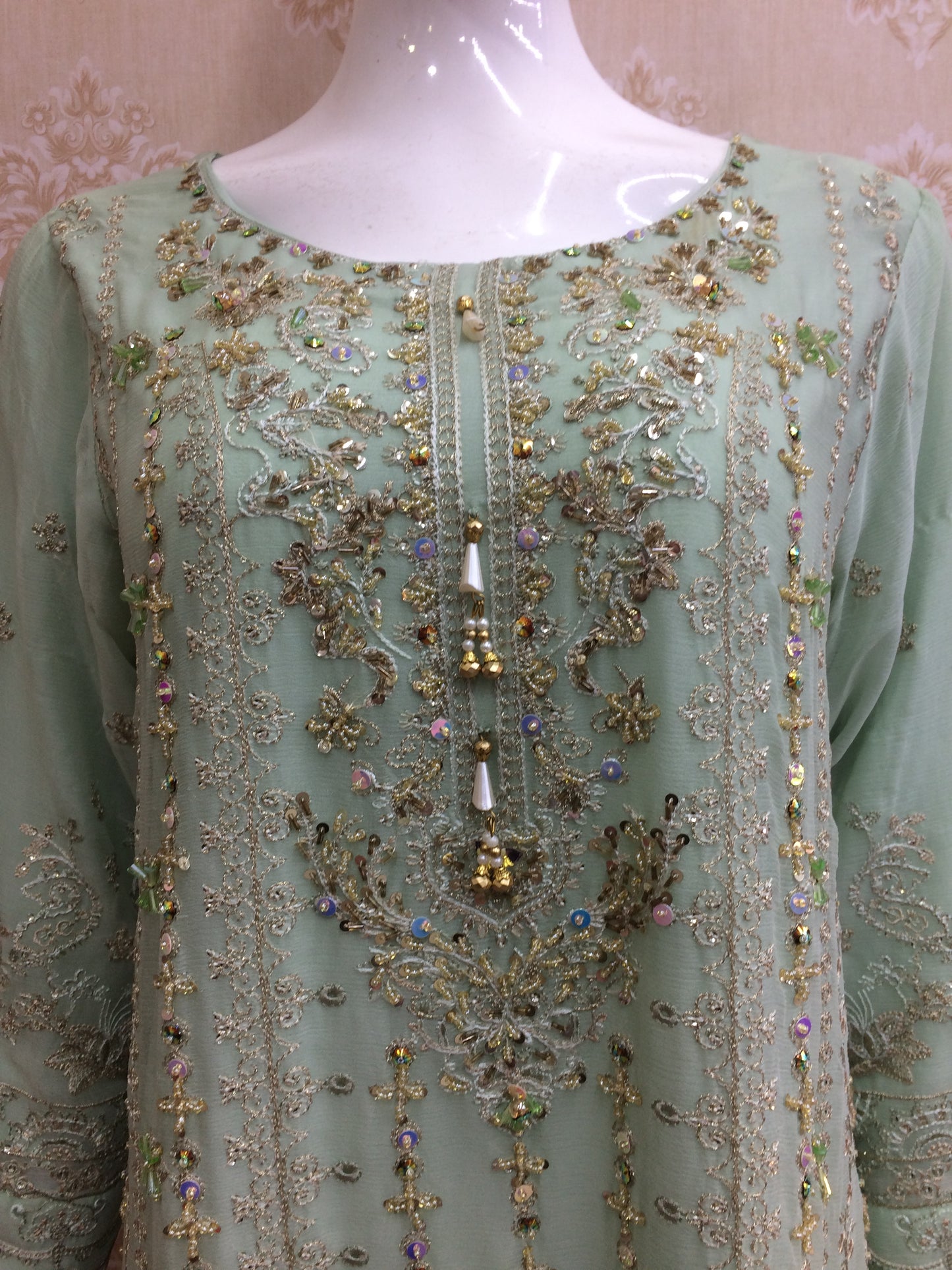 Mint Green Embroidered Chiffon Pakistani heavy dress