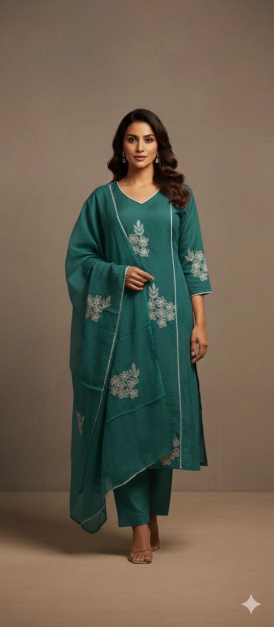 Pure Cotton V-Neck Kurta with Dupatta & Pants