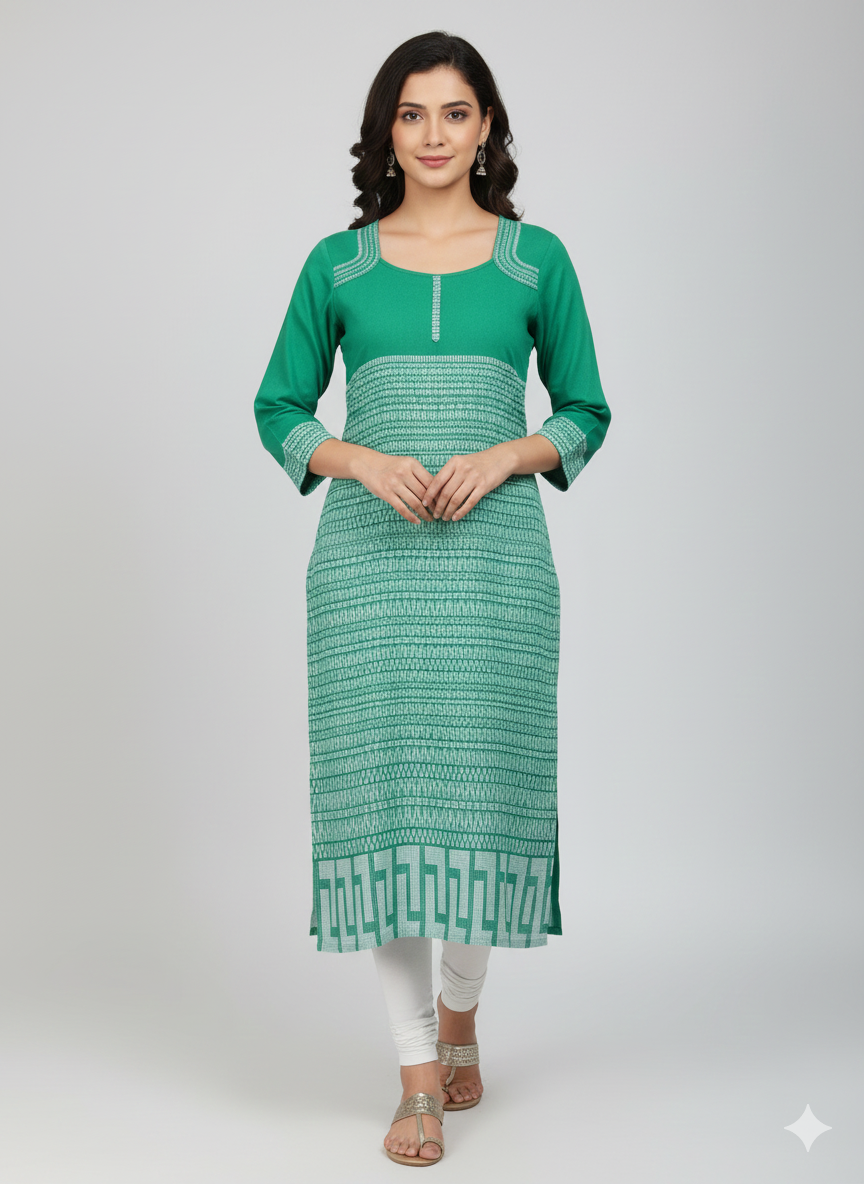 Green Cotton Kurti with White Geometric Print