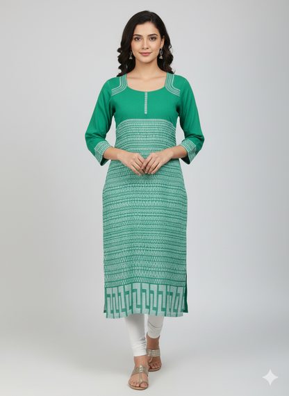 Green Cotton Kurti with White Geometric Print