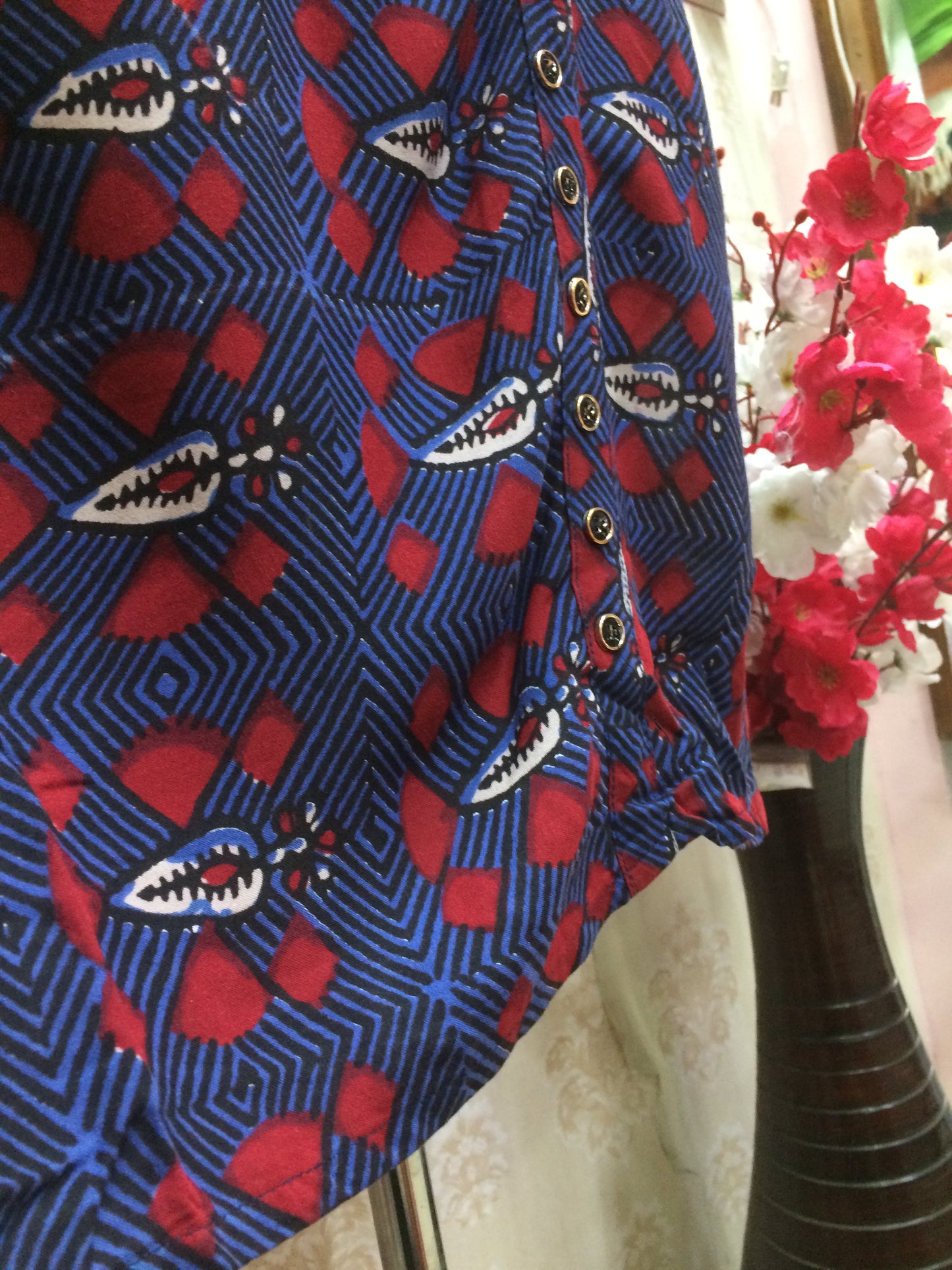Elegant Navy Blue & Red Printed Kurti with Designer Button Detail