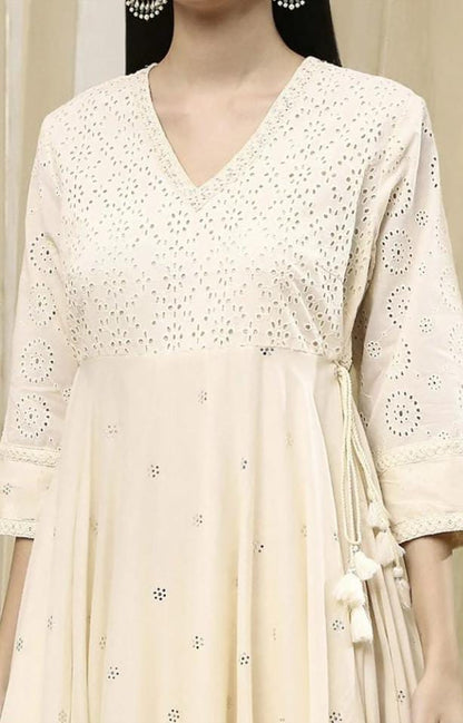 Ivory Cotton Chikankari Style Anarkali Kurta Set
