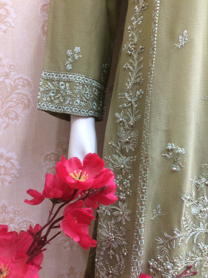 Elegant Olive Green Chiffon Salwar Kameez Suit with Tone-on-Tone Chikankari Style Embroidery - Ready to Wear dress