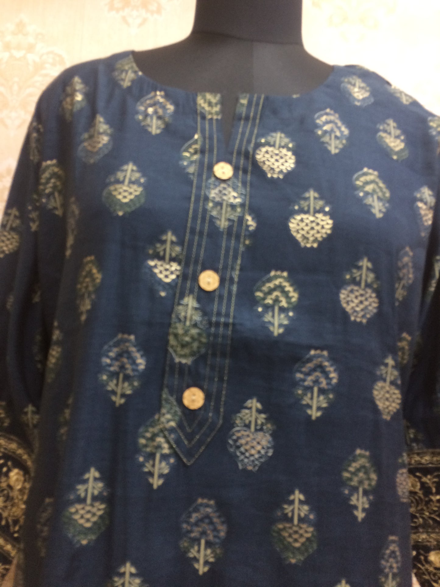 Navy Blue Gold Foil Print Kurti