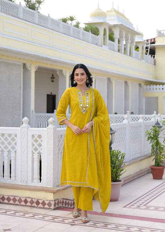 Afnan Yellow Mirror Work Kurta Set