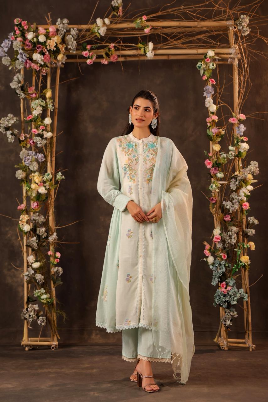Sea Green Embroidered Front-Slit Anarkali Set