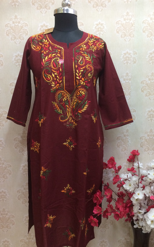 Maroon Khadi Cotton Kurti with Heavy Multi-Color Lucknowi Chikankari Style Embroidery